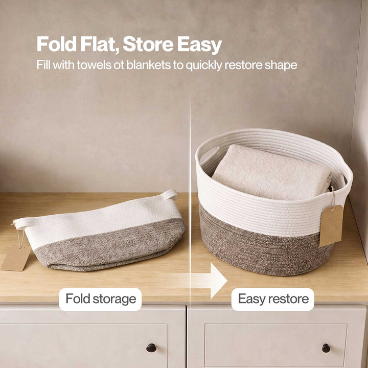 Storage Baskets Laundry Bins 3Pcs Foldable with Handles Cotton Rope Brown