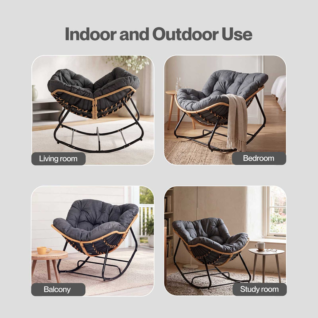 Rocking Chair with Thick Cushion PE Rattan Silent Strip Indoor Patio Grey
