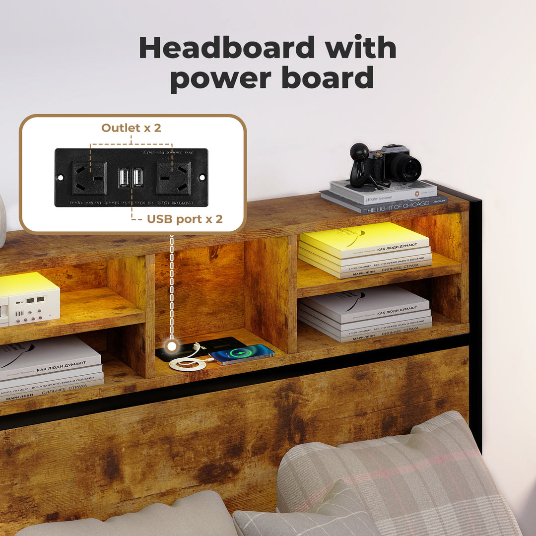 Bed Frame Storage Headboard Drawers RGB LED USB Charge Industrial