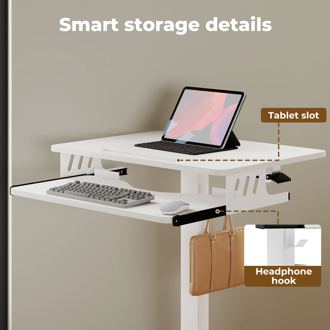 Mobile Standing Desk Adjustable Height Computer Table Keyboard Tray White