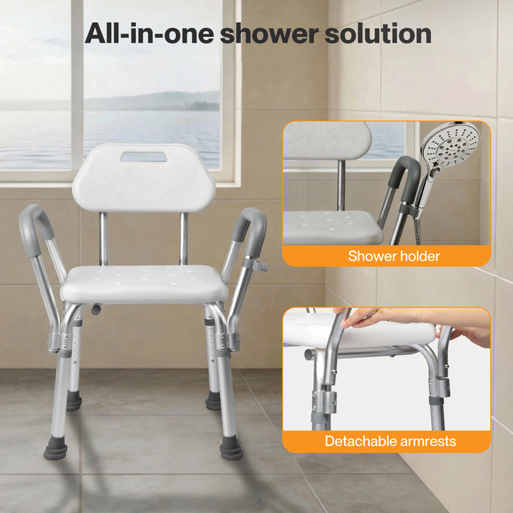 Shower Chair Bath Seat Safety Stool Back Arms Adjustable Height Non-Slip