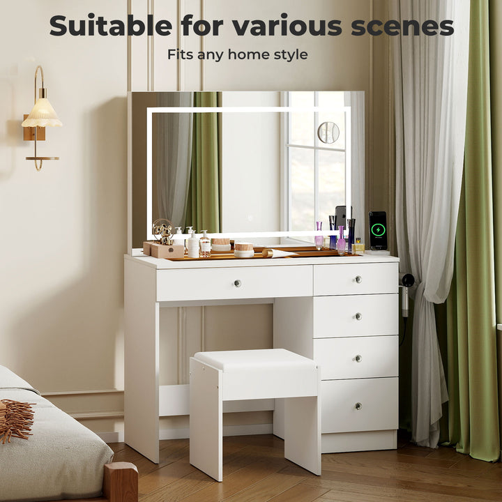 Dressing Table LED Makeup Mirror Stool Set Vanity Desk 5 Storage Drawer