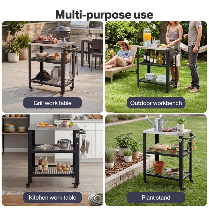 Outdoor Kitchen Cart Mobile BBQ Grill Trolley Stainless Steel Prep Table