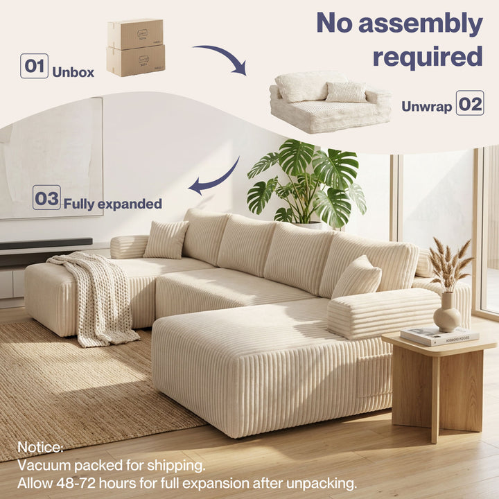 Modular Sofa Lounge Set Corduroy U Shaped Sectional Cloud Couch Beige