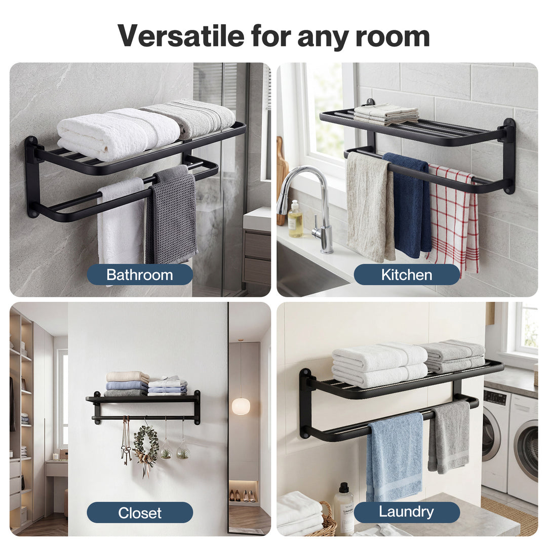 Towel Rack Bathroom 2 Bars Rail Holder Wall Mounted Storage Shelf Black