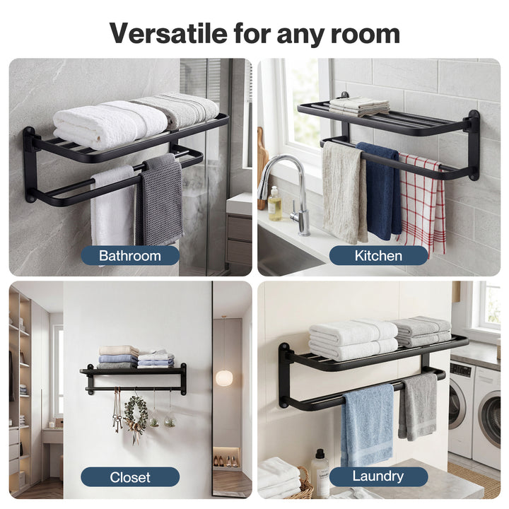 Towel Rack Bathroom 2 Bars Rail Holder Wall Mounted Storage Shelf Black