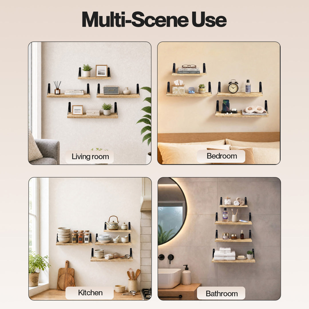Floating Wall Shelves 4Pcs Rustic Wood Storage Display Rack Bookshelf