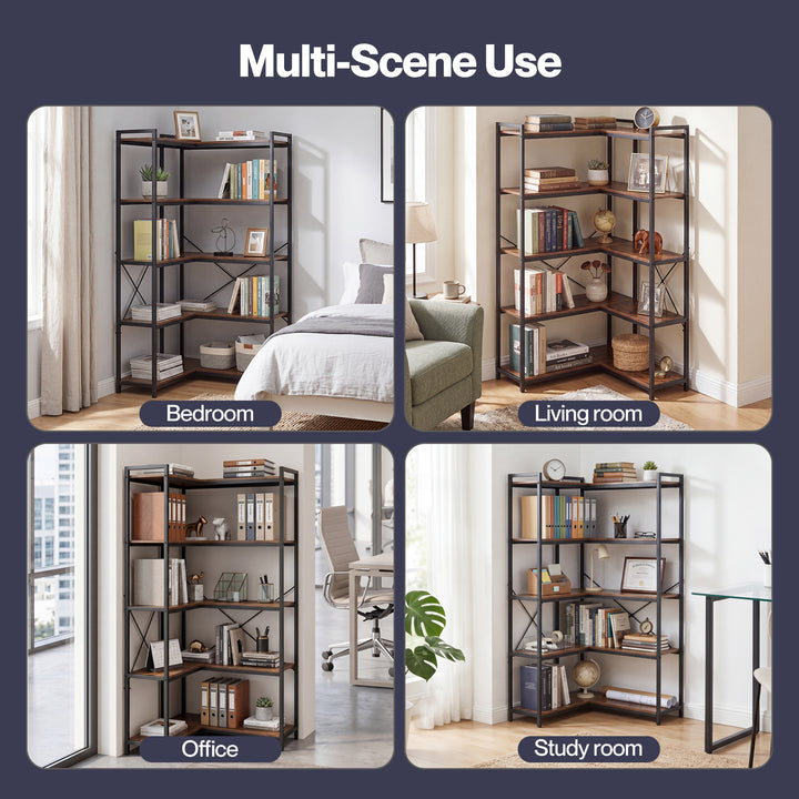 Corner Bookshelf 5 Tier Bookcase L Shape Storage Shelf Display Rack Brown