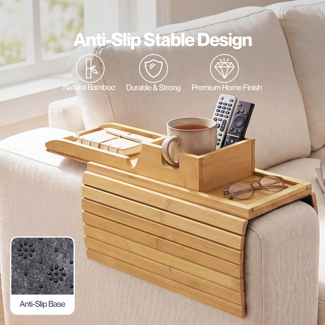 Bamboo Sofa Arm Tray Cup Holder Detachable Couch Side Table Non-Slip