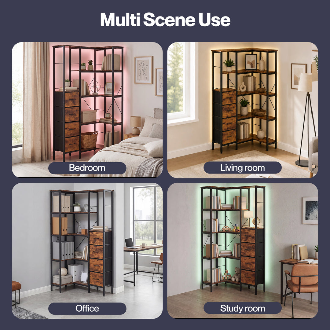Corner Bookshelf with 4 Fabric Drawers & LED Light 5 Tier Bedroom Rustic