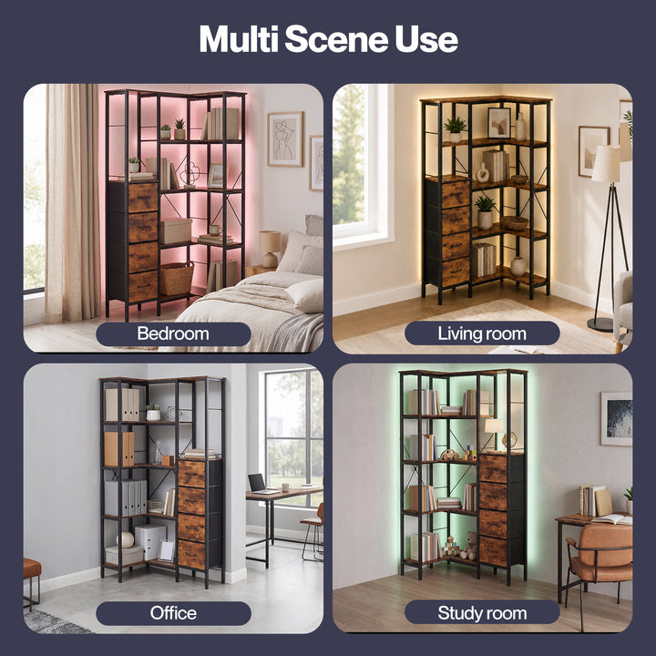 Corner Bookshelf with 4 Fabric Drawers & LED Light 5 Tier Bedroom Rustic
