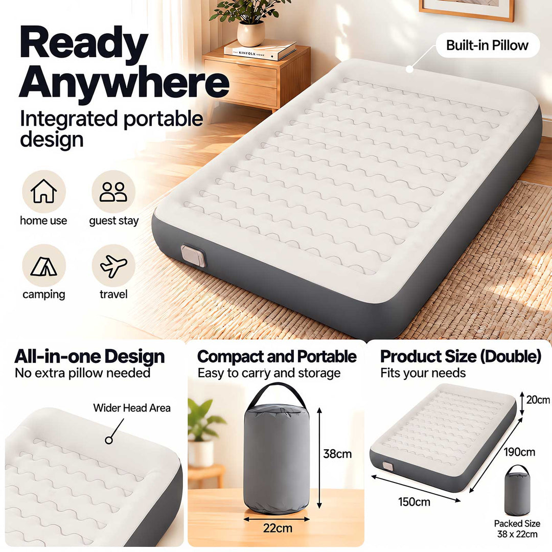Inflatable Mattress TPU Air Bed with Pillow Pump Camping Double Grey