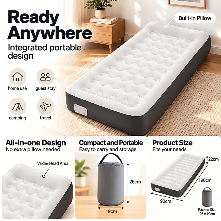 Inflatable Mattress TPU Air Bed with Pillow Pump Camping Single Grey