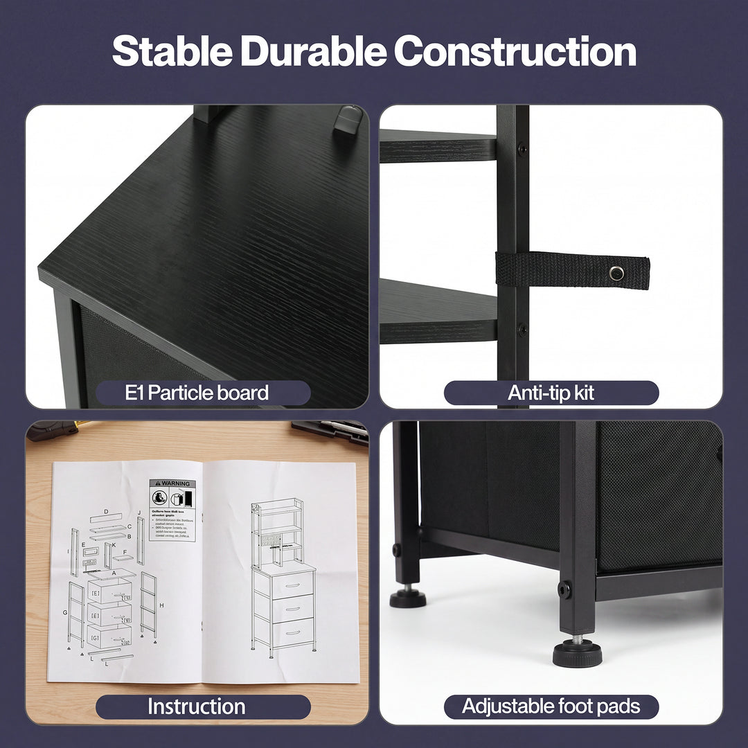 Bedside Table with Charging Station 3 Drawer RGB Light Night Stand Black