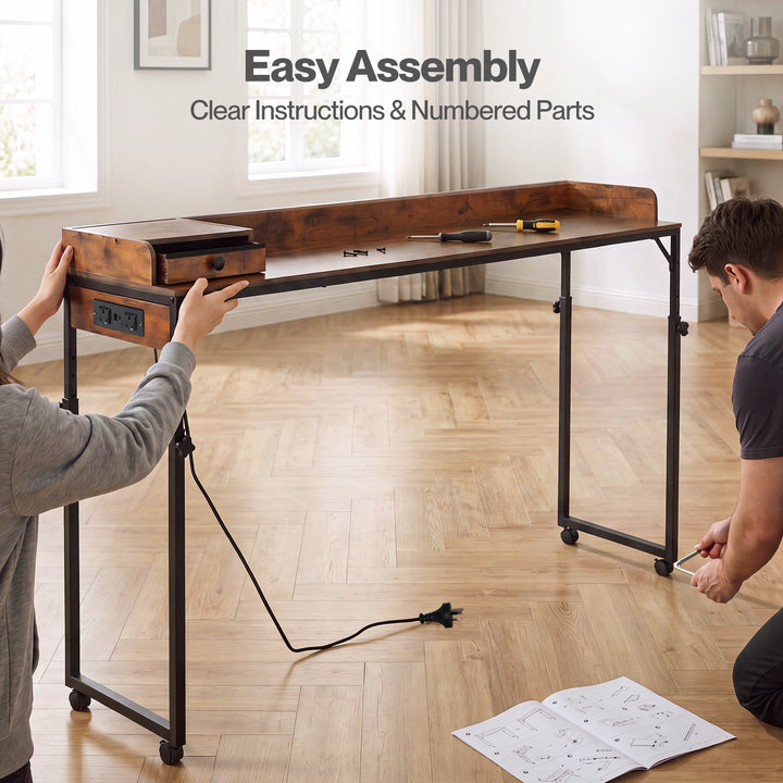 Overbed Table 180cm 84-109cm Mobile with Charging Station Bedroom Brown