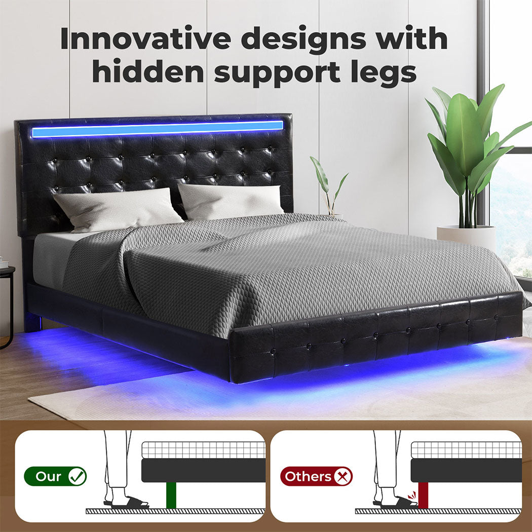 Levede Floating Bed Frame with Headboard and LED Lights Mattress Base - Levede