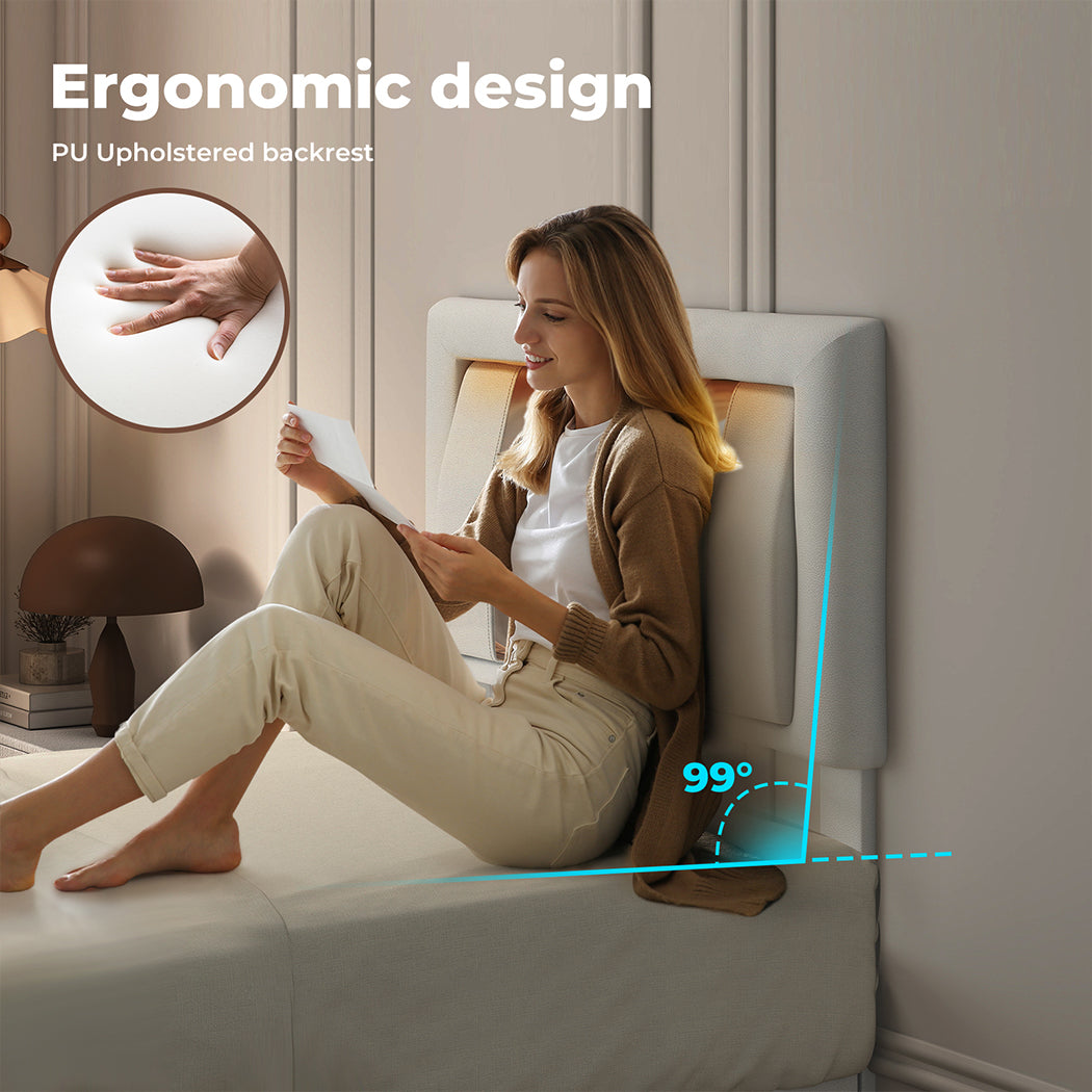 Bed Frame Adjustable Soft Headboard LED Lights Drawers USB Charge