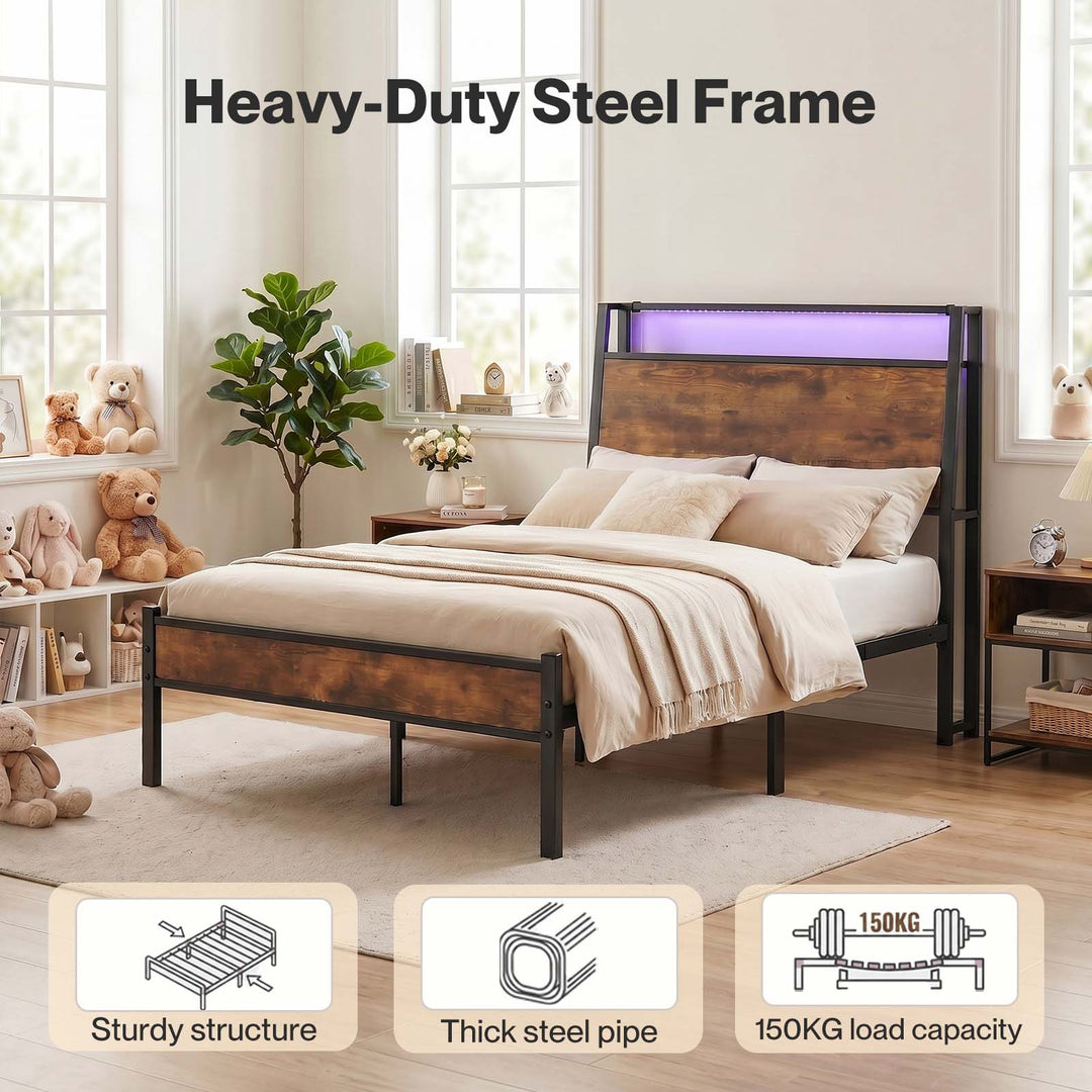 Levede Single Bed Frame LED Lights USB Charging Storage Headboard Metal Platform