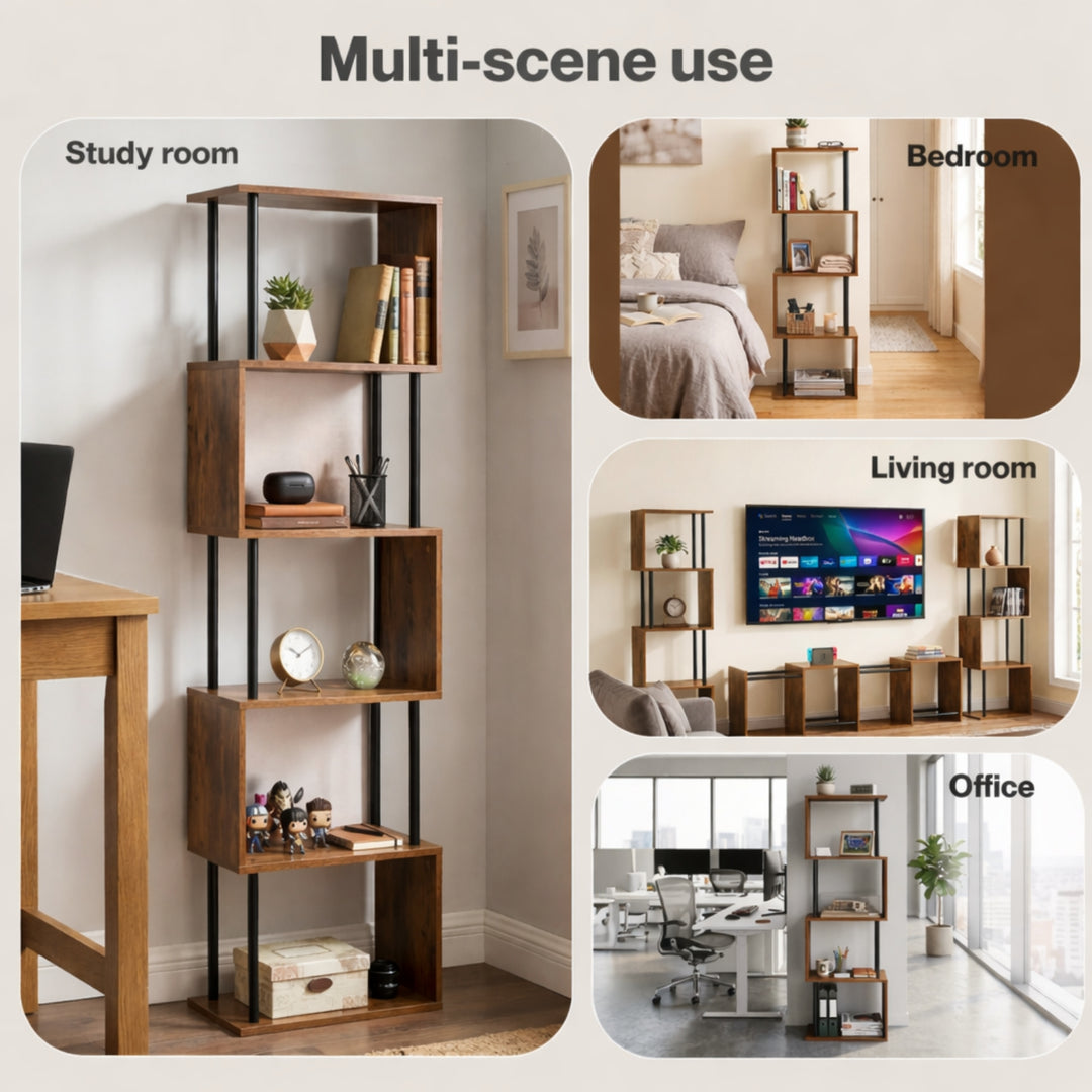 Bookshelf 5 Tier Display Shelf Bookcase Storage Rack S-Shaped Anti-Tip