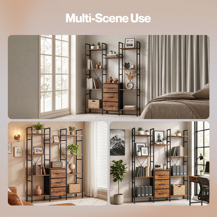 Bookshelf 10 Open Cubes 3 Fabric Drawers Wood Black