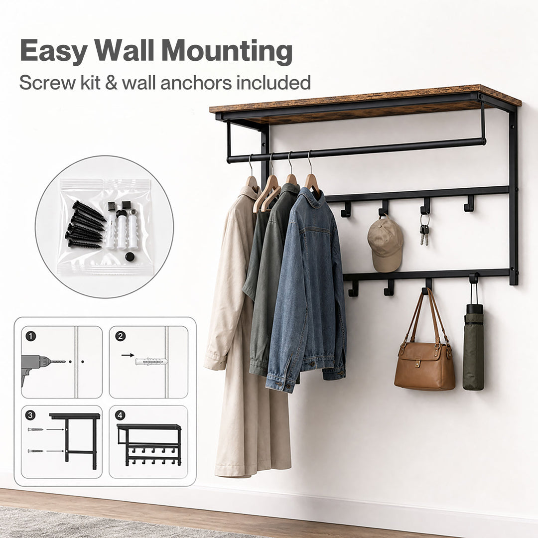 Floating Shelves 10kg Wall Shelf Hooks Coat Rack Metal Wood Black
