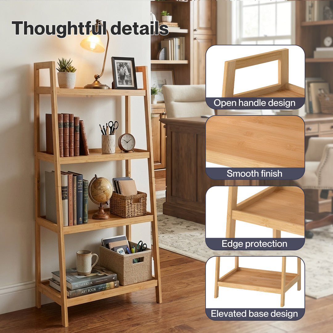 Bamboo Ladder Bookcase 4-Shelf Books Plant Storage Shelf Rack Organiser
