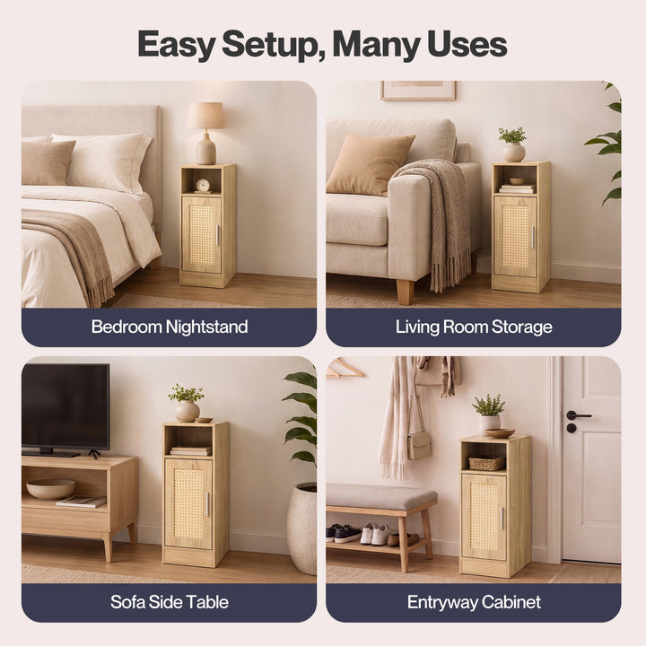 Narrow Bedside Table 2 Pcs with Storage Boho Rattan Wood