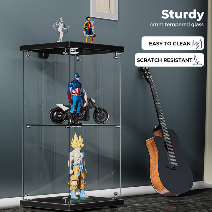 Stacked Display Cabinet Collection Storage Tempered Glass 2 Tier With Lock Black
