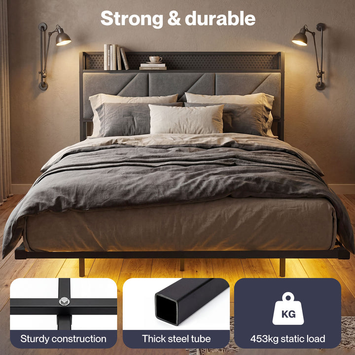 Floating Bed Frame Double LED USB Power Storage Headboard Metal Base