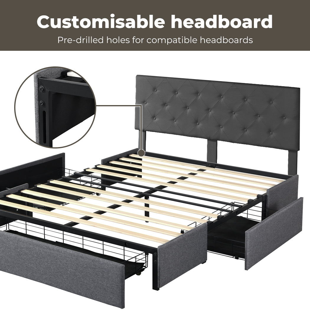 Fabric Bed Frame with 3 Drawers & DIY Headboard