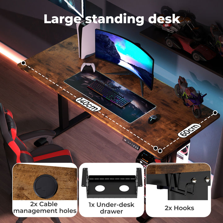 Electric Standing Desk Height Adjustable Gaming Desk 140cm Vintage Oak