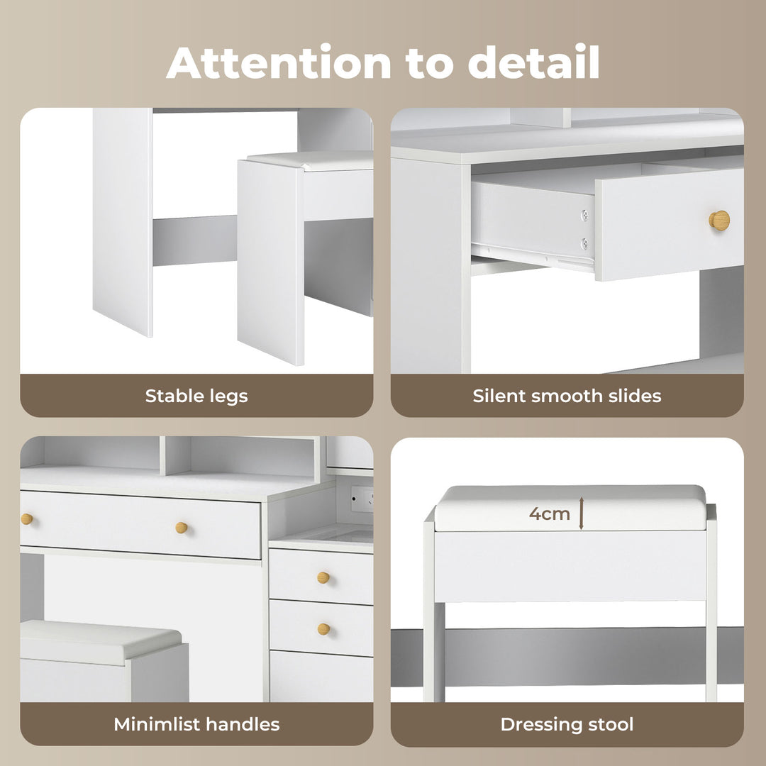 Dressing Table Stool Set with Mirror Led Makeup Vanity Desk Drawers White