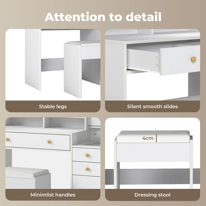 Dressing Table Stool Set with Mirror Led Makeup Vanity Desk Drawers White