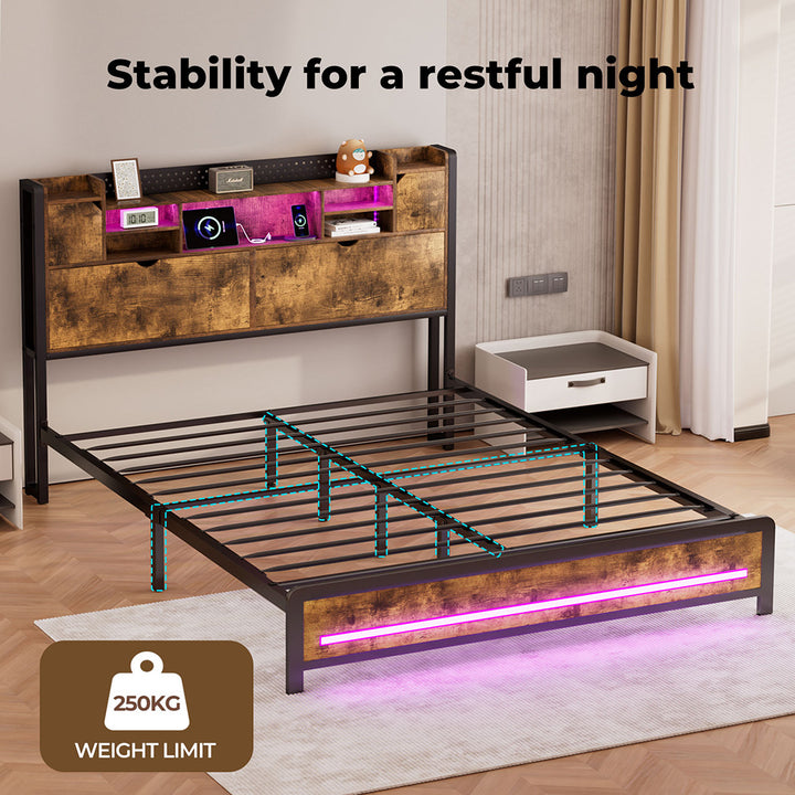 Double Bed Frame Storage Headboard Industrial RGB Light LED Charging