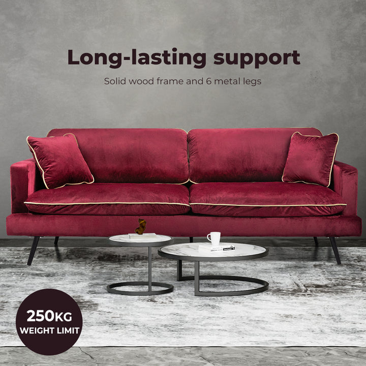 Levede Velvet Sofa Armchair 3 Seater Couch Red 210cm Wide - Levede