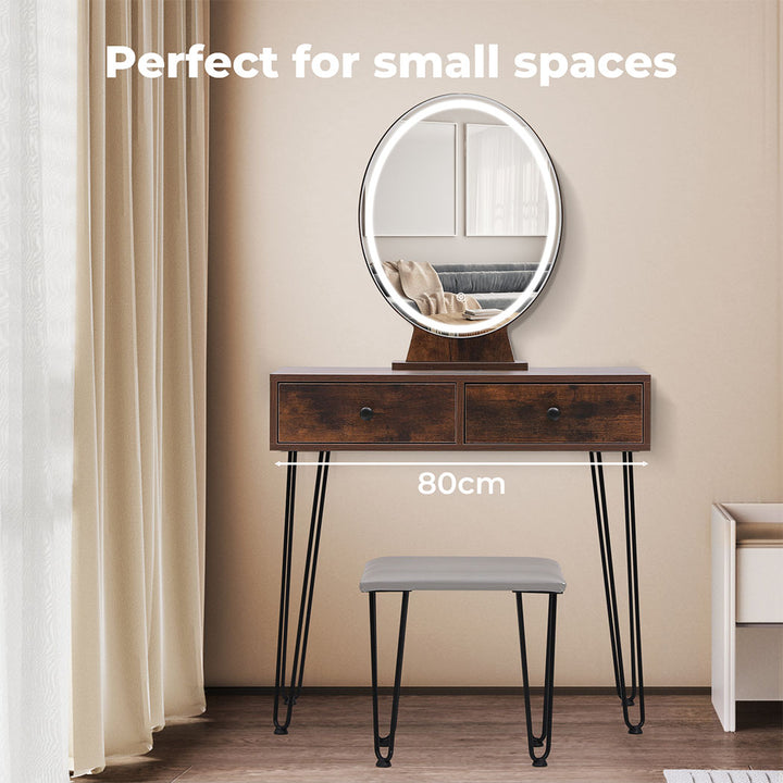 Dressing Table LED Light Strip Makeup Mirror Stool Set Vanity Desk Brown