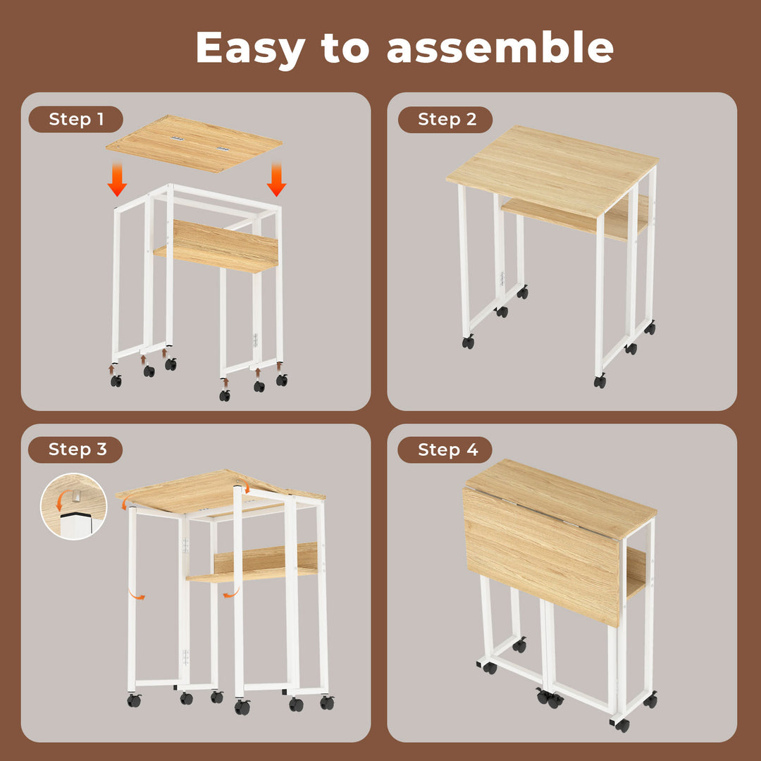 Foldable Computer Desk with Shelf Wheels for Small Space Home Office