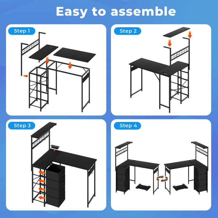 Computer Desk Convertible L-shaped Study Table Metal Frame with Drawers