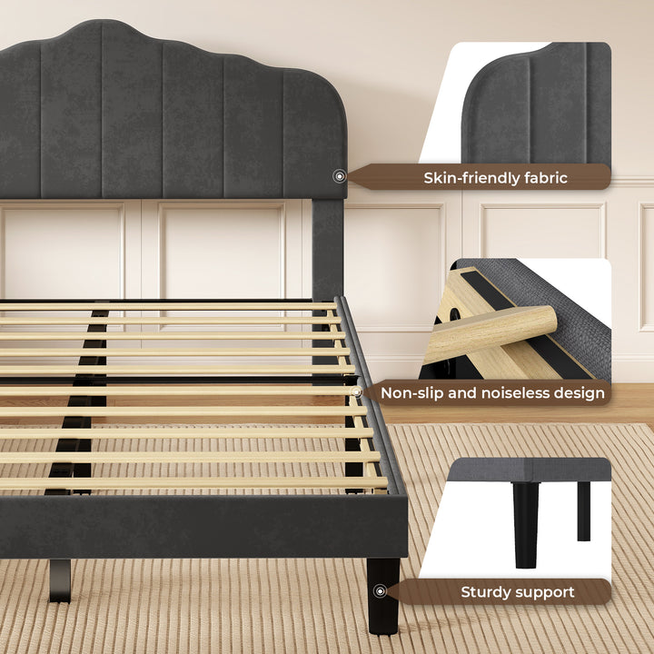 Bed Frame Linen Fabric Upholstered Platform Wooden Mattress Base