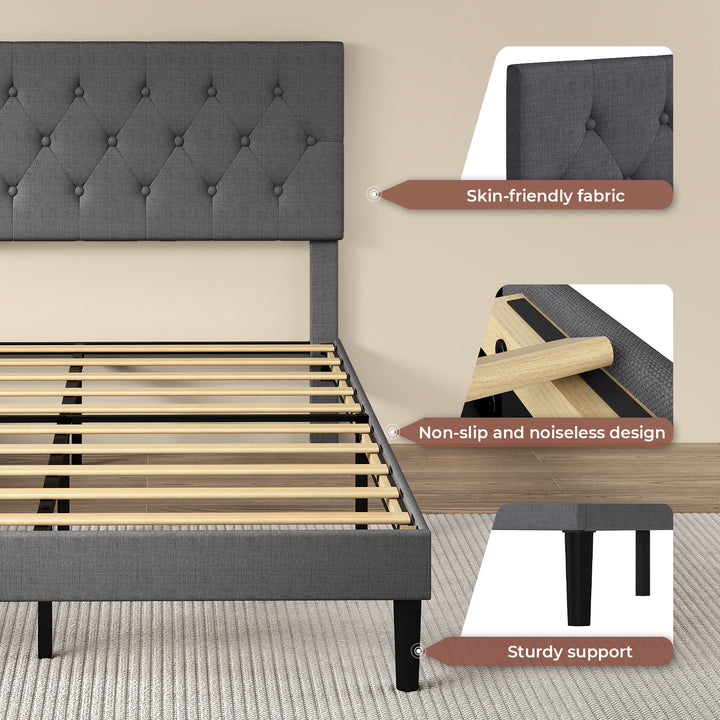 Bed Frame Upholstered Headboard Bedroom Mattress Base Dark Grey