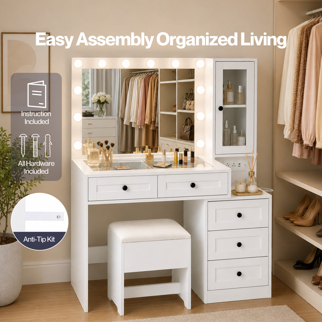 Dressing Table Vanity Desk with LED Mirror 5 Drawers Charging White