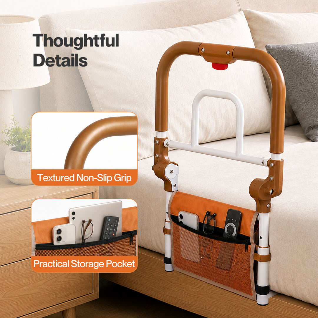 Bed Rail Foldable 2 Handle Adjustable Height Non-Slip Grip Orange