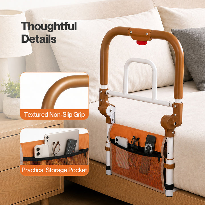 Bed Rail Foldable 2 Handle Adjustable Height Non-Slip Grip Orange