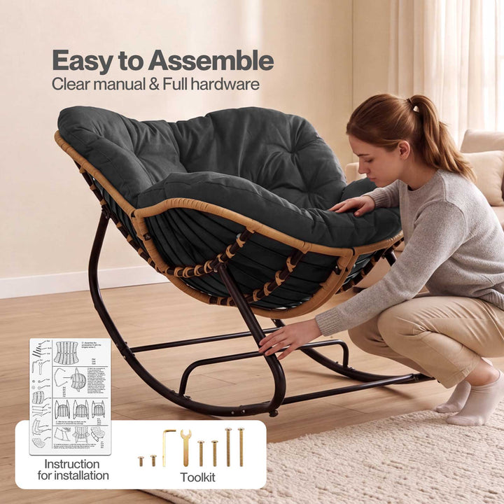 Rocking Chair with Thick Cushion PE Rattan Silent Strip Indoor Patio Grey