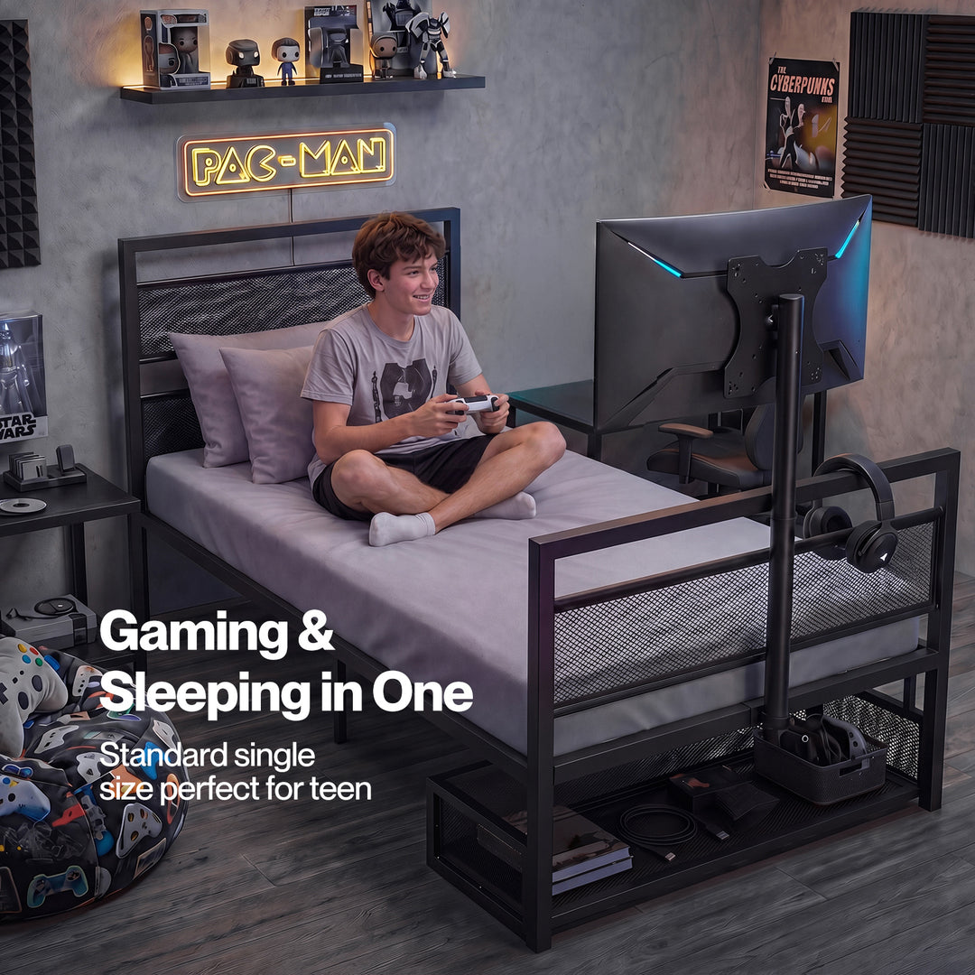 Levede Gaming Bed Frame Rotating TV Mount Storage Metal Single Bed 32in Bedroom