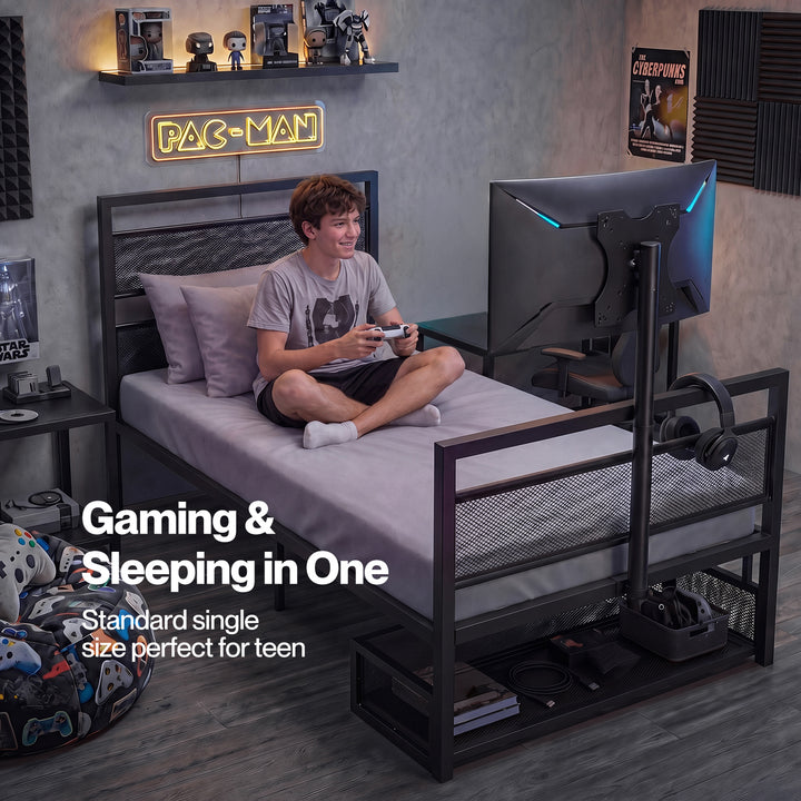 Levede Gaming Bed Frame Rotating TV Mount Storage Metal Single Bed 32in Bedroom