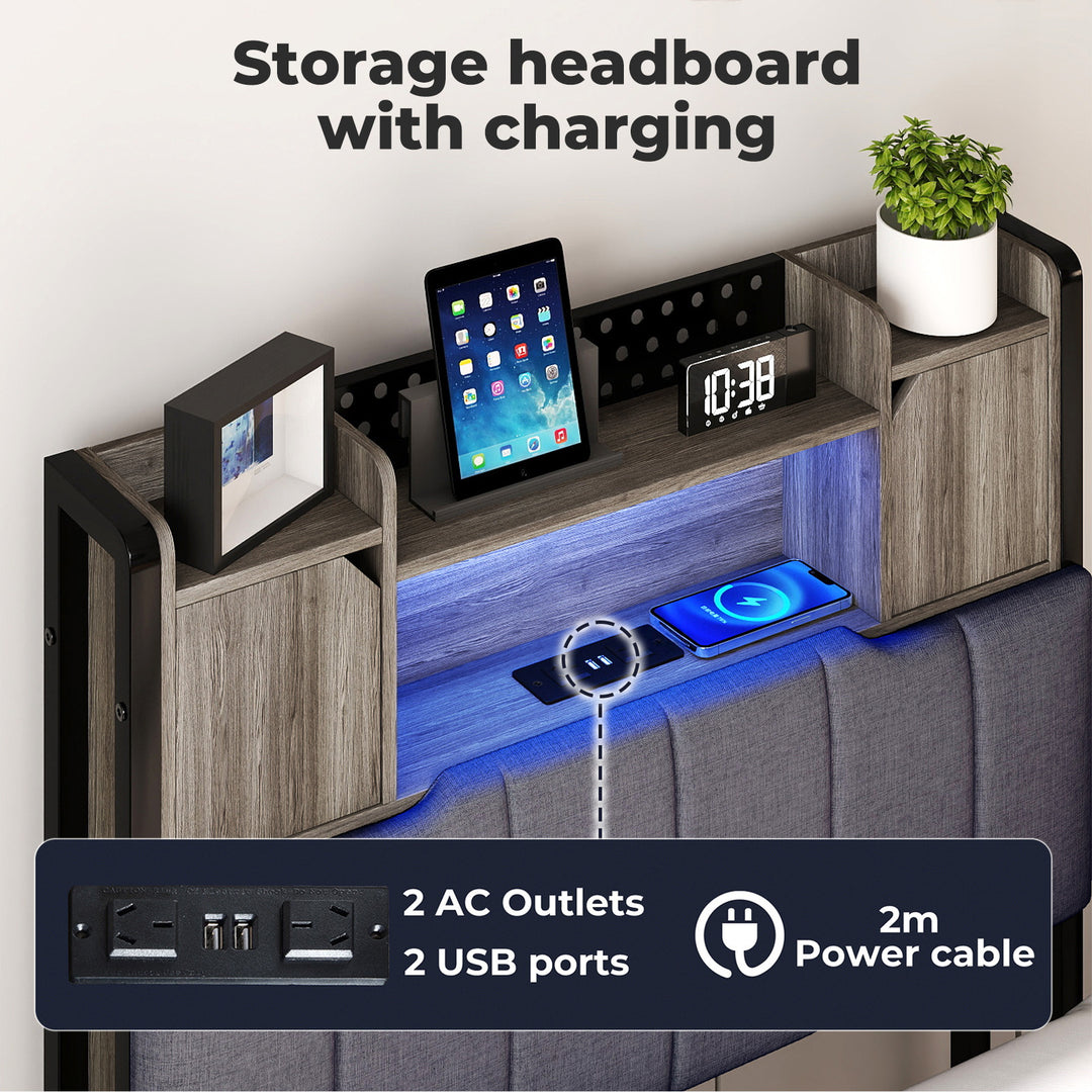 Bed Frame Linen Upholstered Storage Headboard LED Charging 2 Ports