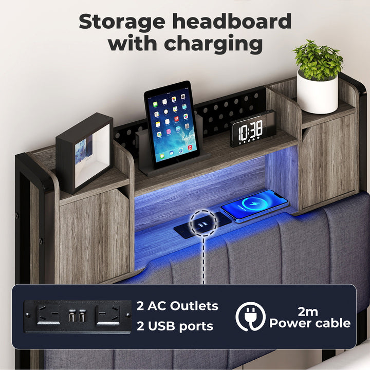 Bed Frame Linen Upholstered Storage Headboard LED Charging 2 Ports