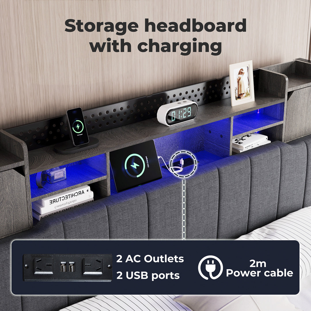 Bed Frame Linen Upholstered Storage Headboard LED Charging 2 Ports