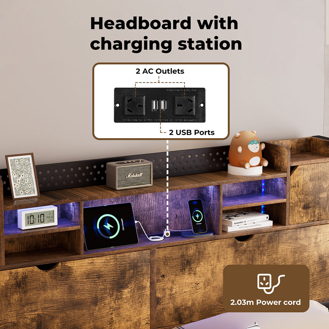 King Bed Frame Storage Headboard Shelf Industrial RGB Light LED Charging